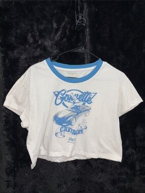 Y2K White Baggy Crop-Top with Blue Corvette Graphic